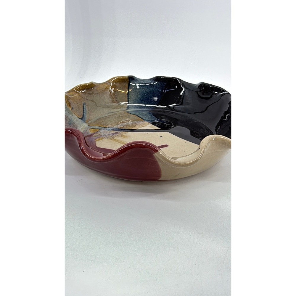 J&S Beaumont Pottery Bowl 9" Multicolor Abstract Ruffled Rim Ceramic Pie Pan - Picture 4 of 16